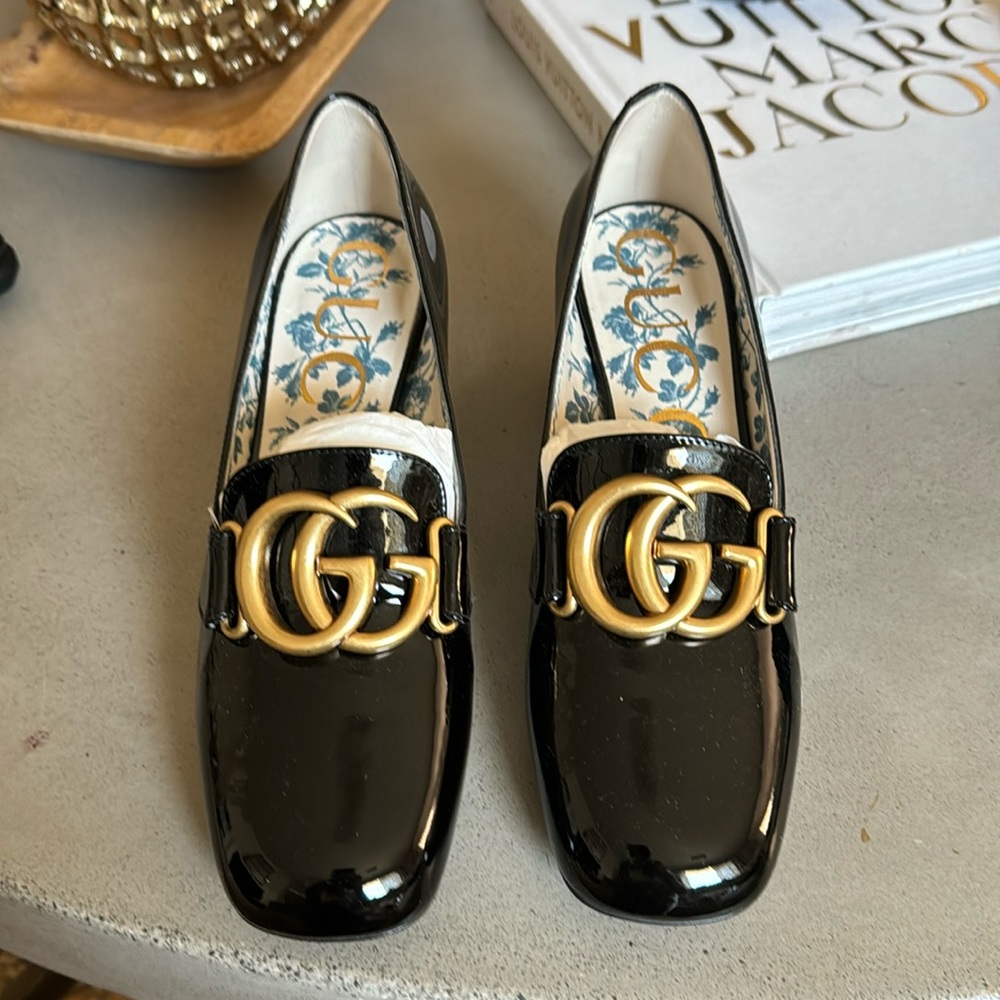 Gucci Vernice Crystal Black Patent low heels